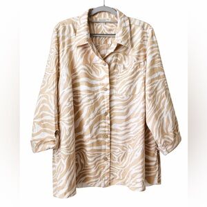 Jones New York 100% Linen Zebra Print Button Shirt 3XL 3/4 Sleeve
